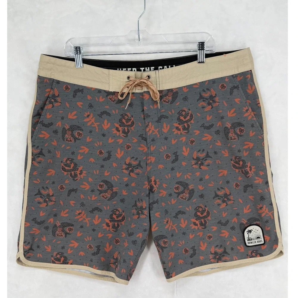 Howler Bros Men 40 Gray Orange Tropical Snake Print Board Shorts Swim Trunks